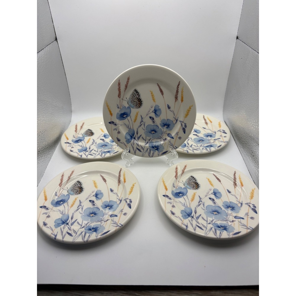 Five Gien France Azur Dessert Salad Plates Blue‎ Flower Butterfly Faience 5 inch